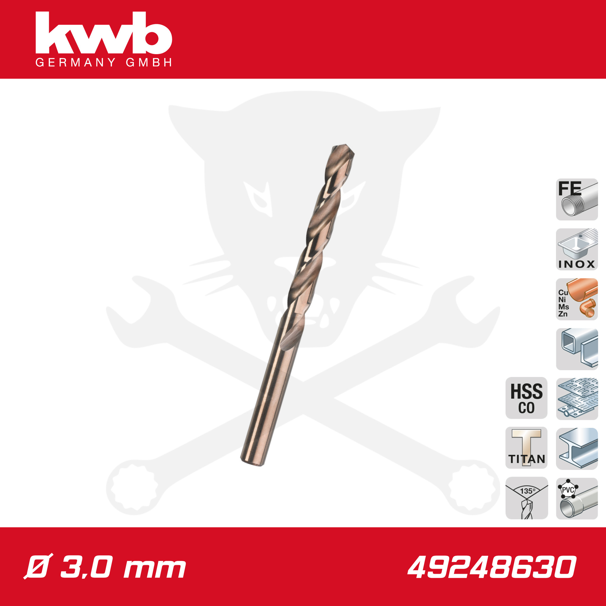 Csigafúró 3,0 mm HSS-E Co5 DIN 338 Profi 5% Cobalt - KWB