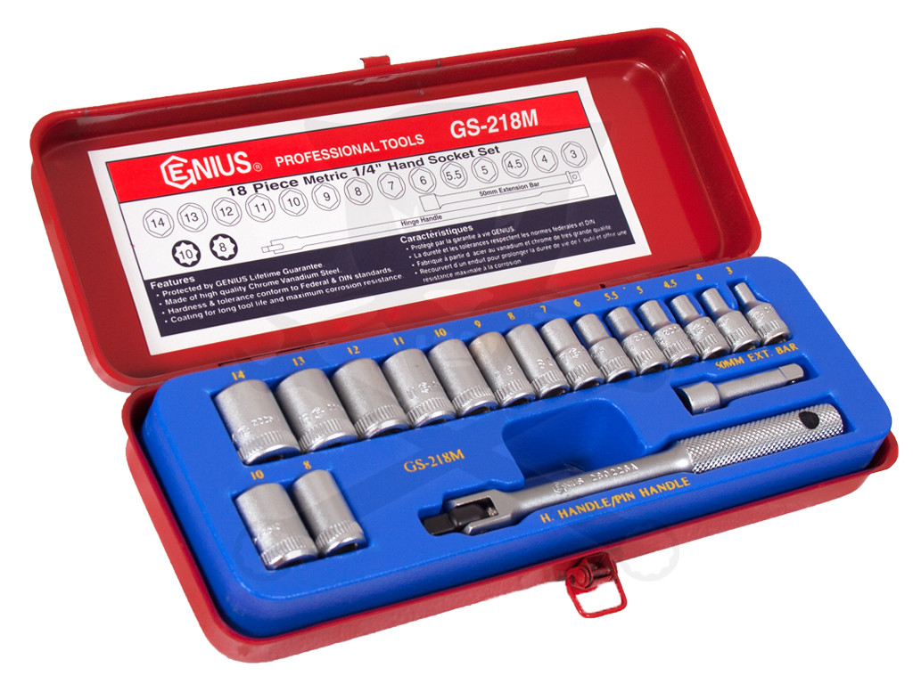 Dugókulcs készlet 1/4" 6 és 8 lap metrikus 18 db-os Genius