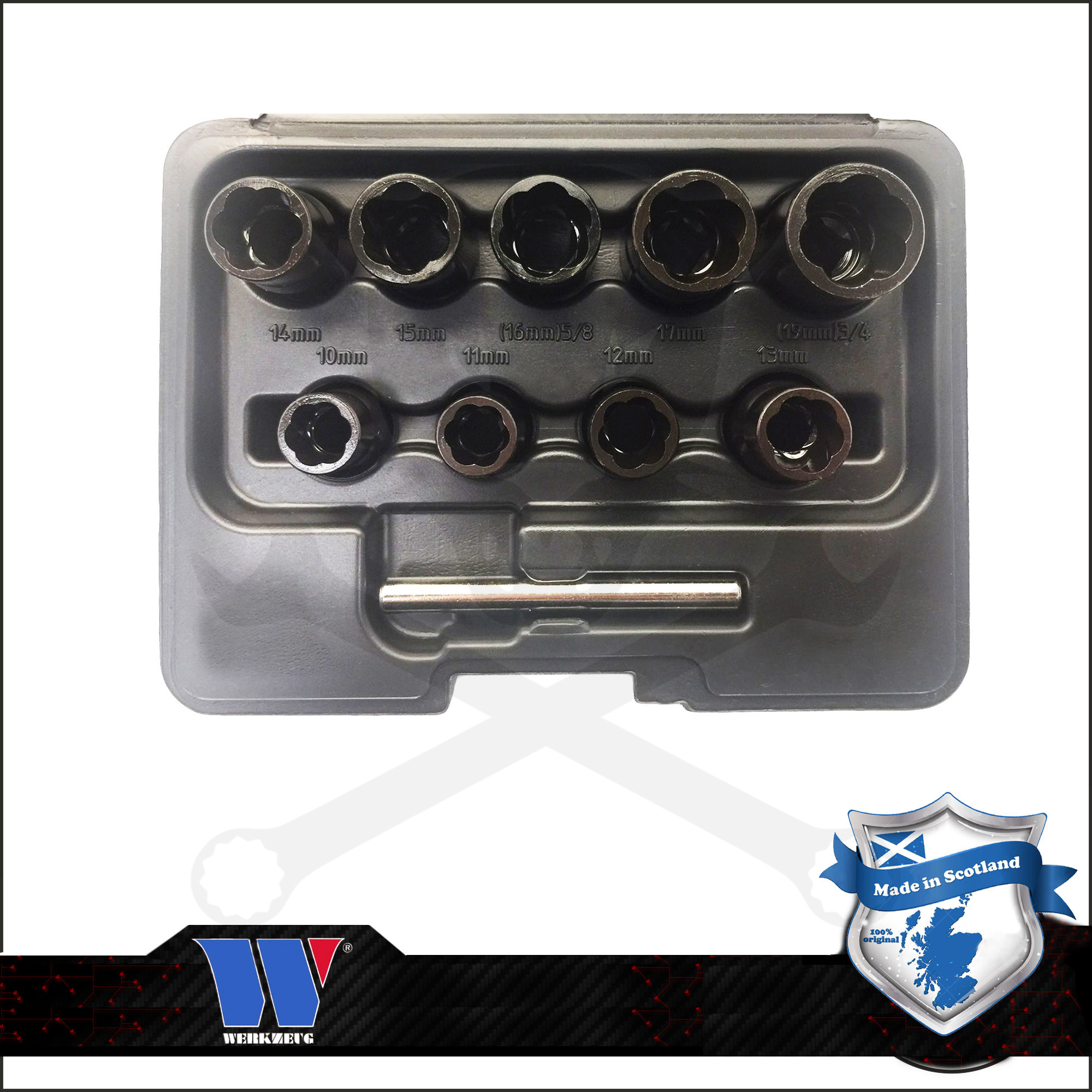 Csavarkiszedő készlet - sérült fejű csavarokhoz 9+1 db-os 10-19 mm 3/8"