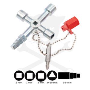 Kapcsolószekrény (karbantartó) kulcs - négyágú + 2 adapter