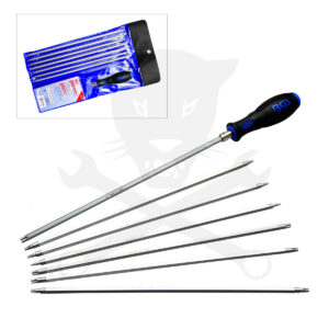 Csavarhúzó készlet extra hosszú 5 és 6 szögű furatos torx 7x2=14 méret