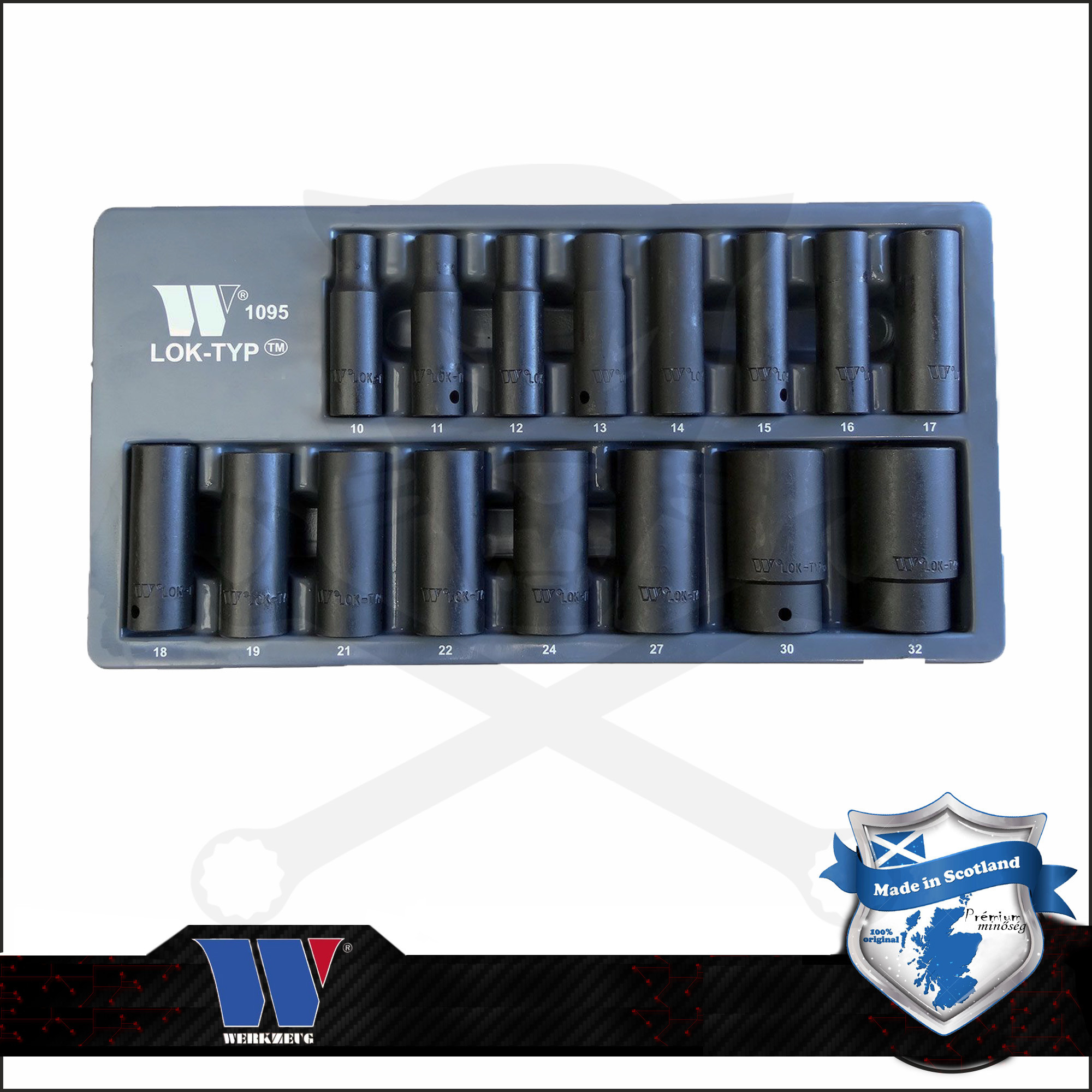 Lok-Typ Légkulcsfej készlet 1/2" 16 db-os spec.6 lap hosszú 10-32 mm-Welzh