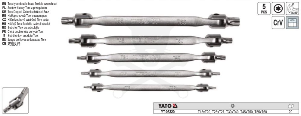 Torx csuklós külső készlet 5 db-os - 10 méret: T15 - T60 - YATO - Image 2